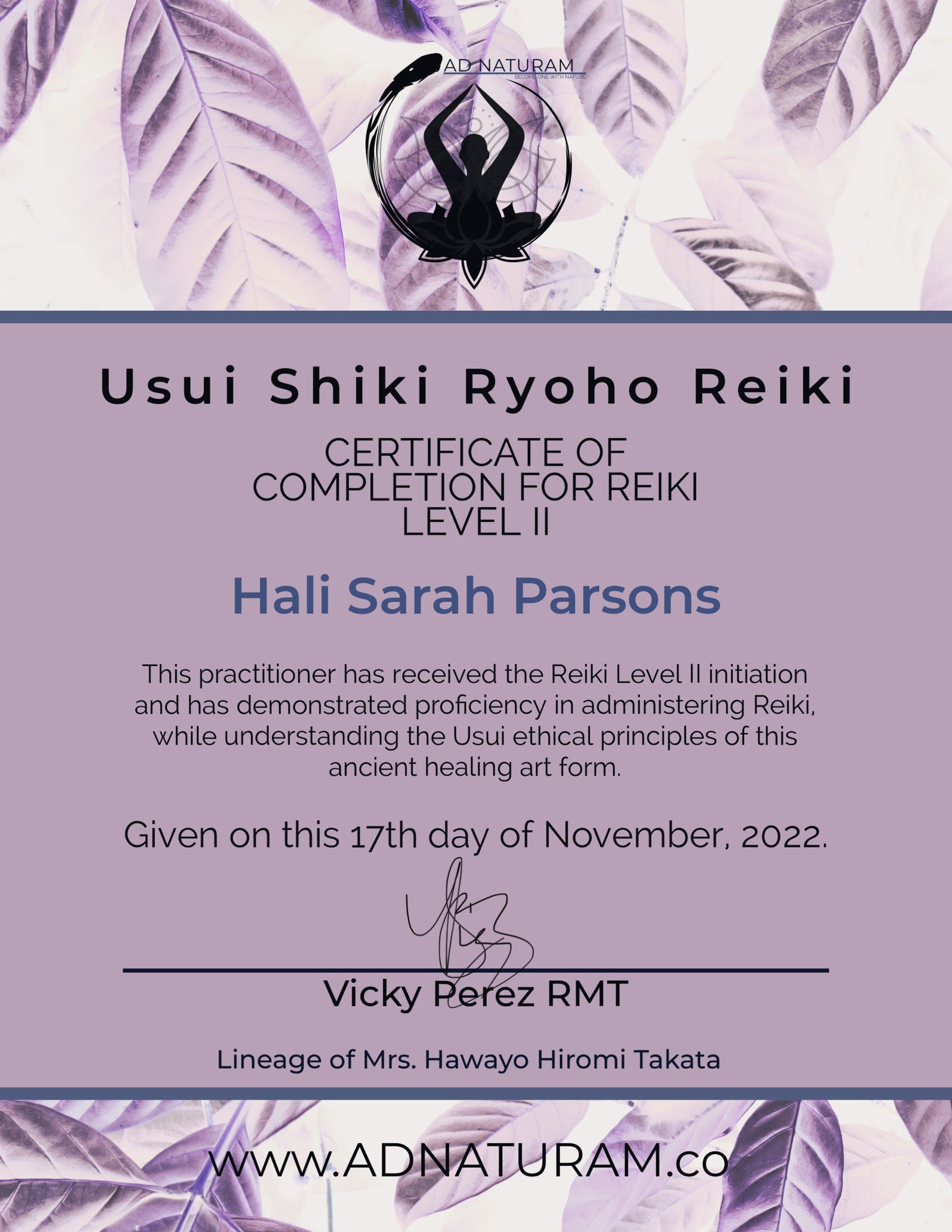 Usui Shiki Ryoho Reiki Level II Certificate